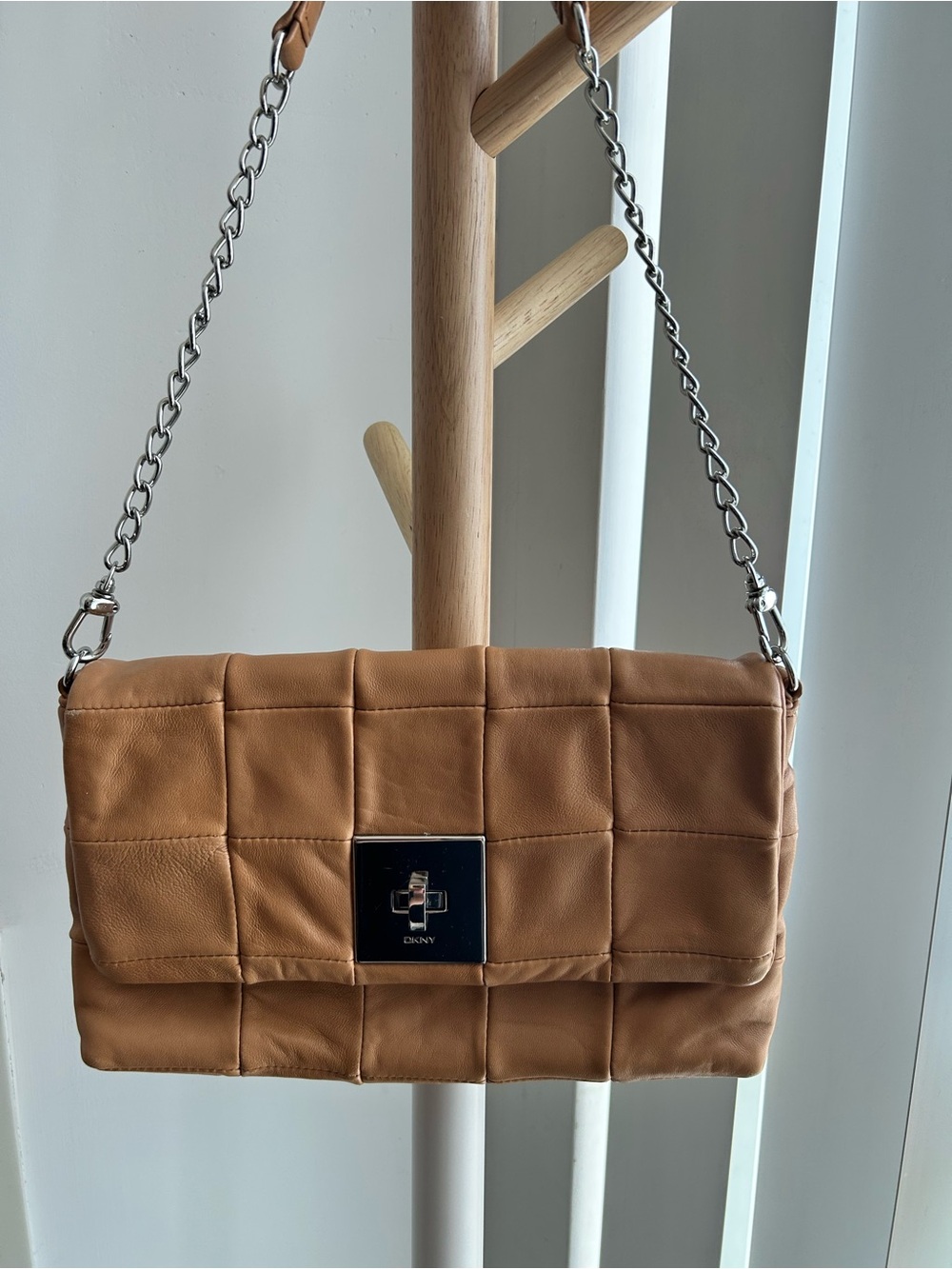 DKNY Tan Quilted Leather Shoulder Bag with Silver Chain